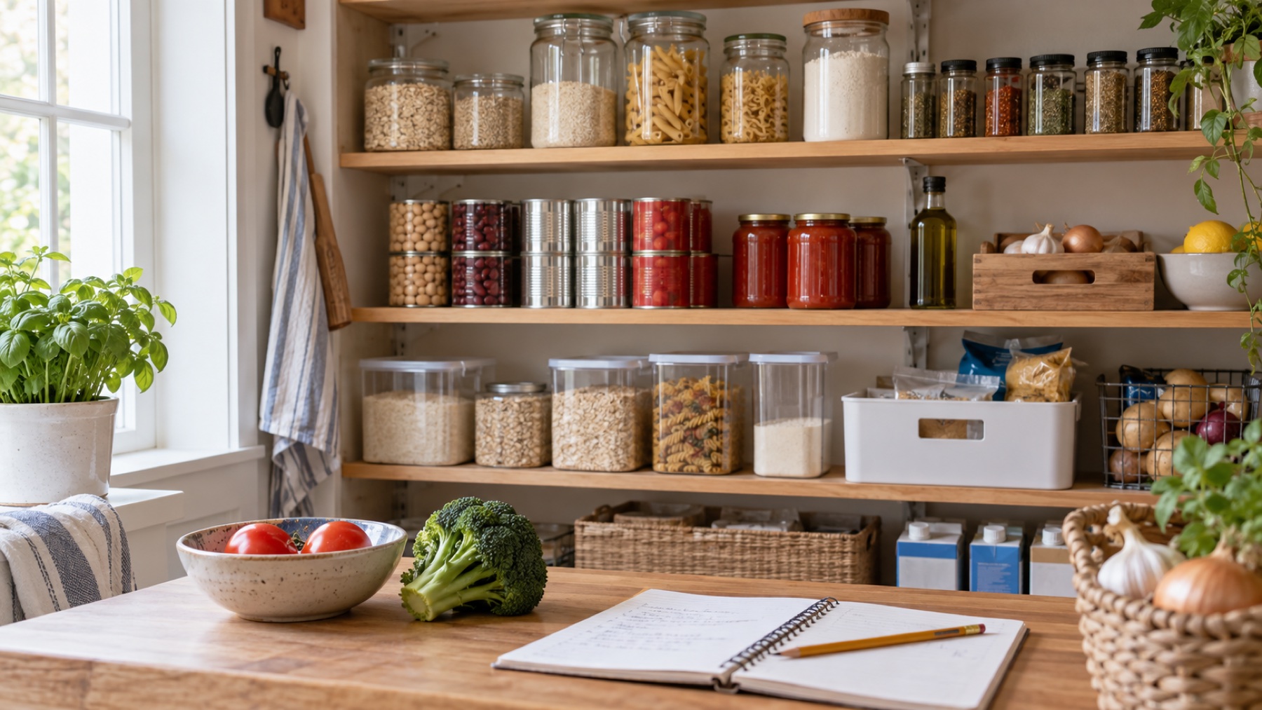 Organized everyday pantry with grains, beans, canned foods and an open inventory notebook
